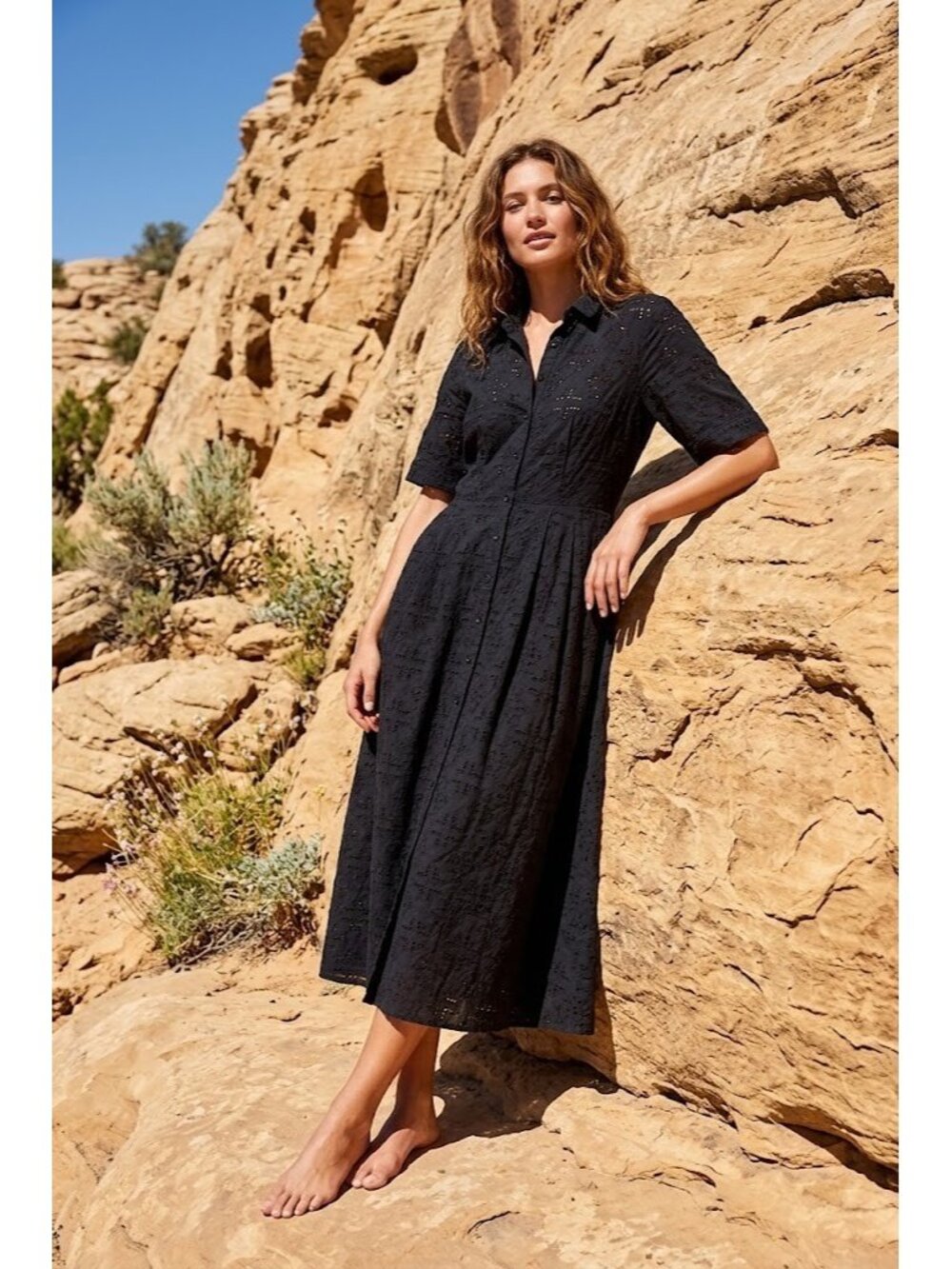 NWT Trovata Aster Midi in Black Handkerchief Eyelet Cotton Shirt Dress 10